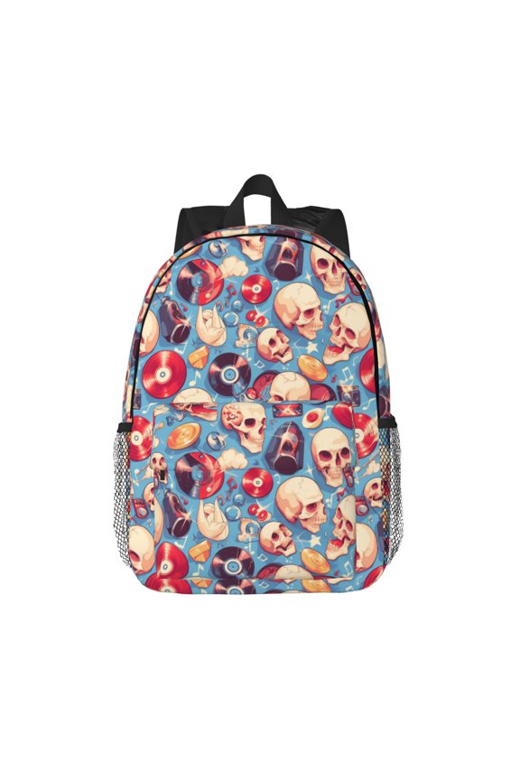 music Skull record Retro Pattern Student Backpack Water-resistant Backpack 15-inch Laptop Backpack Lightweight Adjustable School Backpack