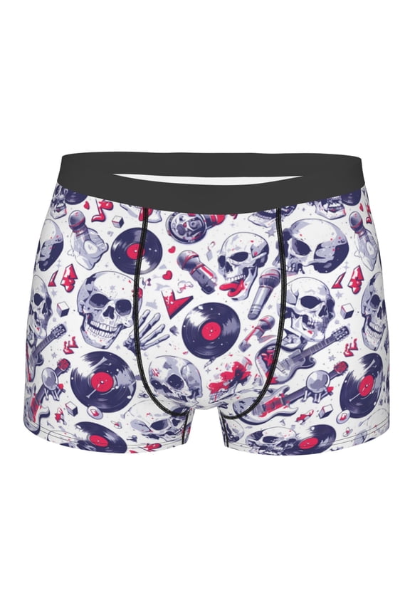 music Skull record mike Mens Boxer Briefs Poly Spandex Performance Boxer Briefs Underwear Hem Boxer Briefs - Large