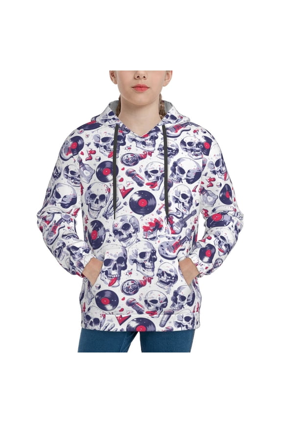 music Skull record mike Pattern Boys Hoodie, Youth Pullover Hooded Sweatshirt, Kangaroo Pocket Hoodie for Kids-Medium