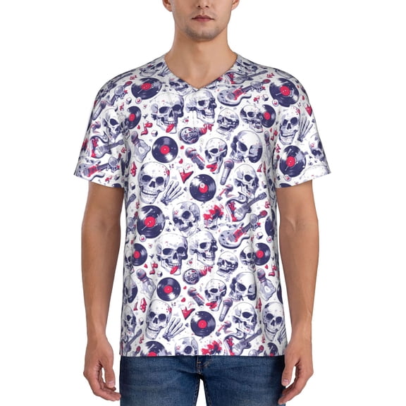 Rateoe music Skull record mike Pattern Men’s Baseball Short Sleeve Polo Shirt, Midweight Men's Shirt Golf Shirt Polo Shirts Quick Dry Short-X-Large