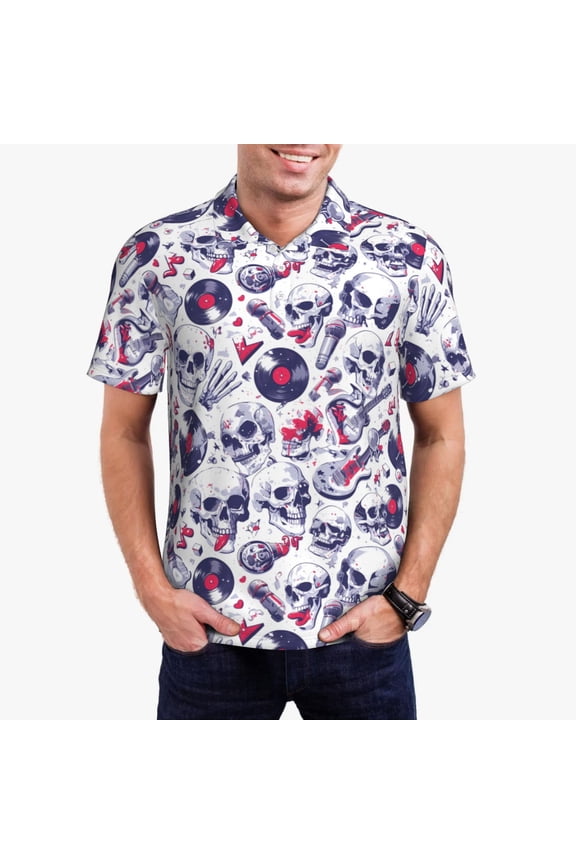 music Skull record mike Pattern Men's Short Sleeve Polo Shirts, Golf Polo Shirts Short Sleeve Performance Moisture Wicking Dry-XX-Large