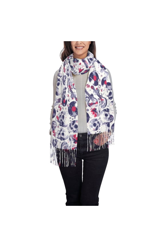 music Skull record mike Women's Traditional Scarf Wrap Tassel Shawl Fringes Neck Head Shawl Retro Scarf