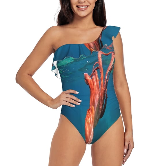 Rateoe octopus swimming Pattern Women One Piece Swimsuits Tummy Control One Shoulder Bathing Suits Ruffle Swimwear-Large