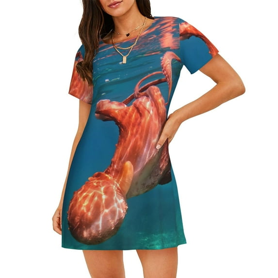 Rateoe octopus swimming Print Women’s Nightdress – Cozy Cotton Short-sleeved Sleep Shirt, Loose-Fit Sleepwear, Perfect for Relaxing and Sleeping