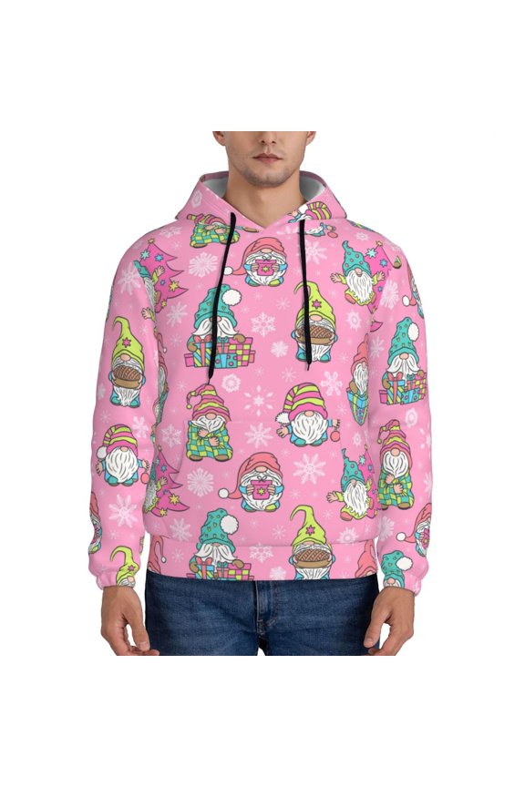 pink Holiday Joy Pattern Mens Hoodie, Pullover Hooded Sweatshirt, Kangaroo Pocket Hoodie Ideal for Daily Wear, Travel and Home-Small