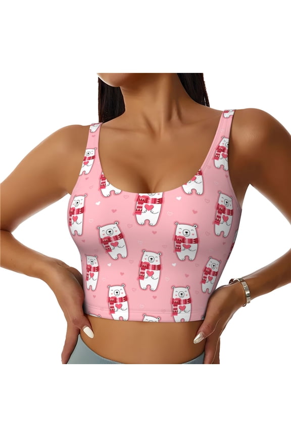 pink Scarf bear Print Womens' Sports Bras Scoop Neck Sports Vest- Padded U Back Seamless High Impact Support-Large