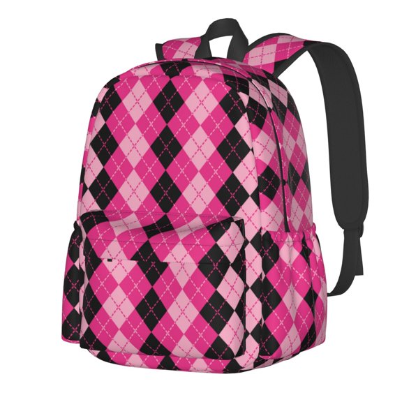 Rateoe pink and black argyle Pattern Student Backpack,Backpack for School,Lightweight Bag,Travel Backpack,Outdoor Backpack,Large Capacity Backpack