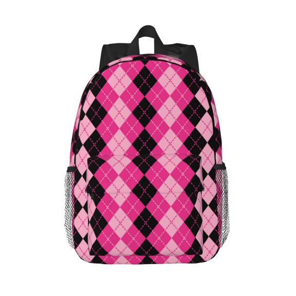 Rateoe pink and black argyle Pattern Student Backpack Water-resistant Backpack 15-inch Laptop Backpack Lightweight Adjustable School Backpack