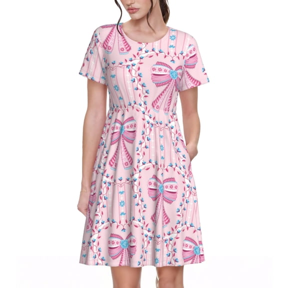 Rateoe pink bows Pattern Women’s Short Sleeve Dress – Casual Elegant Summer A-Line Dress for Everyday Wear