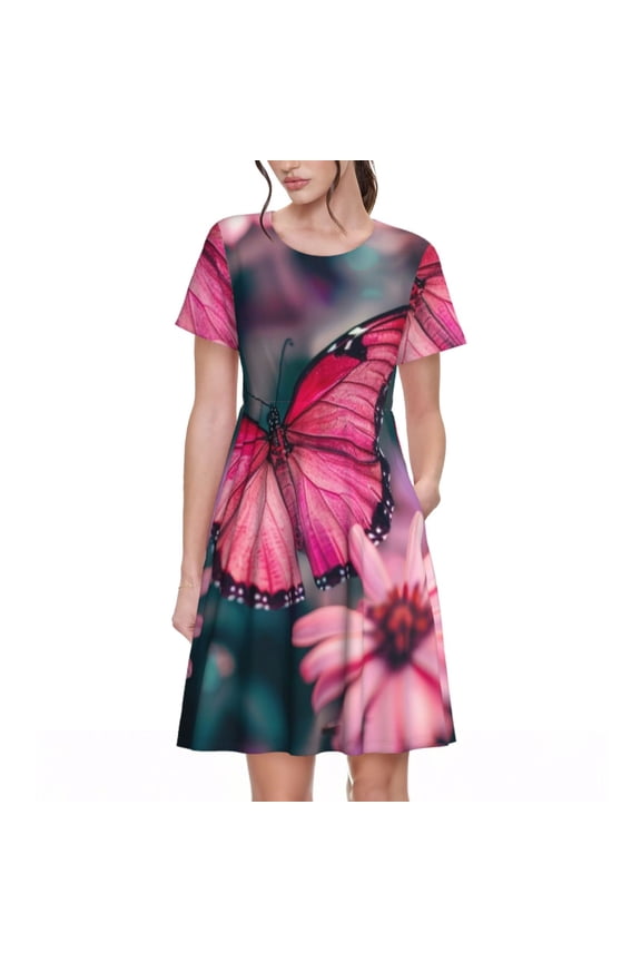 pink butterfly Pattern Women’s Short Sleeve Dress – Casual Elegant Summer A-Line Dress for Everyday Wear