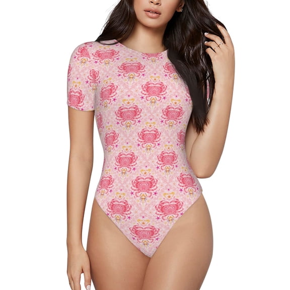 Rateoe pink crustaceans Printed Women Rash Guard Short Sleeve,Tummy control Swimsuit Surfing Swimsuit Bathing Suit Short-sleeved Onesie UPF 50+-Medium