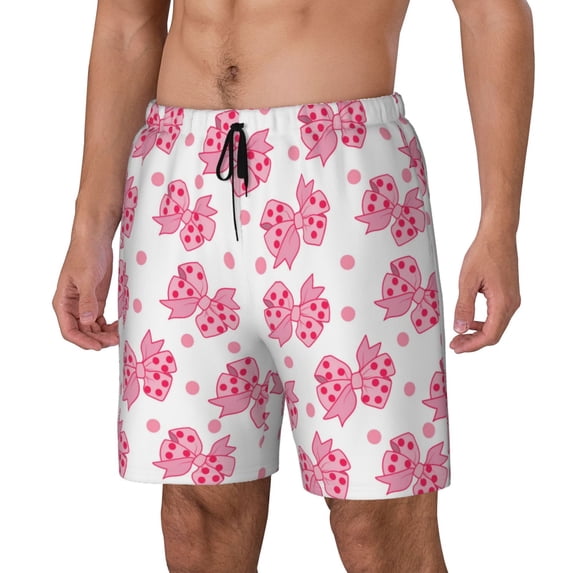 Rateoe pink polka dot bows Pattern Men’s Swim Shorts with Compression Liner – Double-Layered Quick-Dry Swimwear, Comfortable & Stretchy Beach Shorts-X-Large