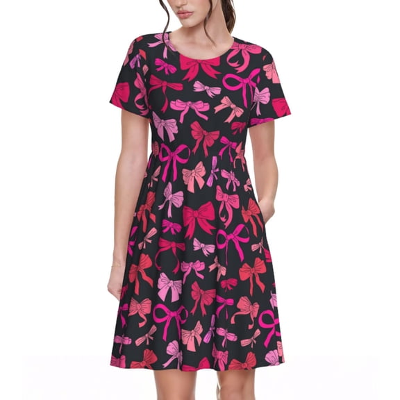 Rateoe pink ribbon bows Pattern Women’s Short Sleeve Dress – Casual Elegant Summer A-Line Dress for Everyday Wear