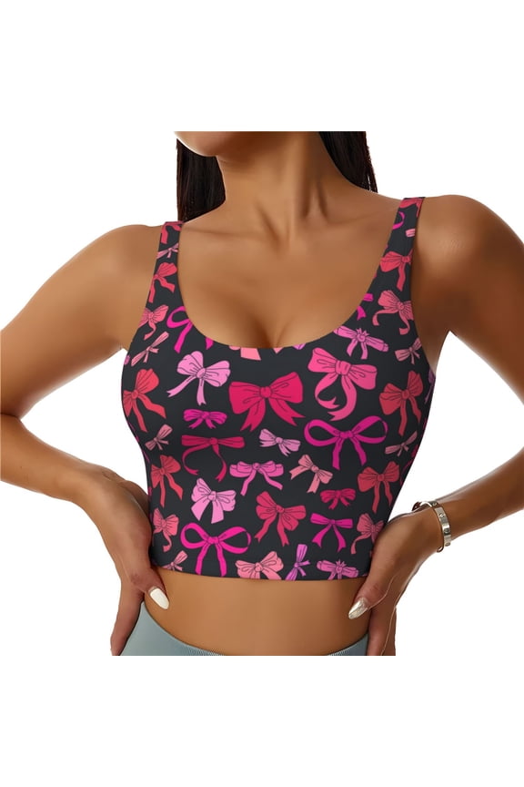 pink ribbon bows Print Womens' Sports Bras Scoop Neck Sports Vest- Padded U Back Seamless High Impact Support-X-Large
