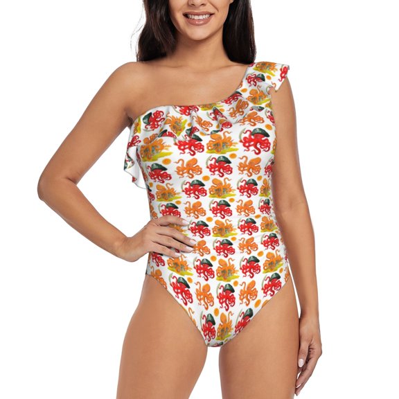 Rateoe pirate Octopus Pattern Women One Piece Swimsuits Tummy Control One Shoulder Bathing Suits Ruffle Swimwear-