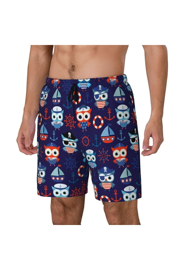 pirate owls and boats Pattern Men’s Swim Shorts with Compression Liner – Double-Layered Quick-Dry Swimwear, Comfortable & Stretchy Beach Shorts-Small