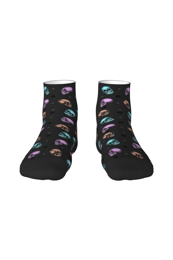 purple cyan brown Skull Pattern Quarter Crew Socks,Toe Seamed Ankle Socks,Cotton Cushioned Breathable Athletic Crew Sports Socks