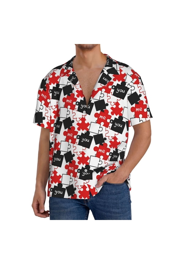 puzzle elements with the words me you Pattern Men's Short Sleeve Classic Shirt, Casual Short-Sleeved Shirt, Lightweight Summer Shirt, Cuban Collar Shirt,Button-Front Shirt-