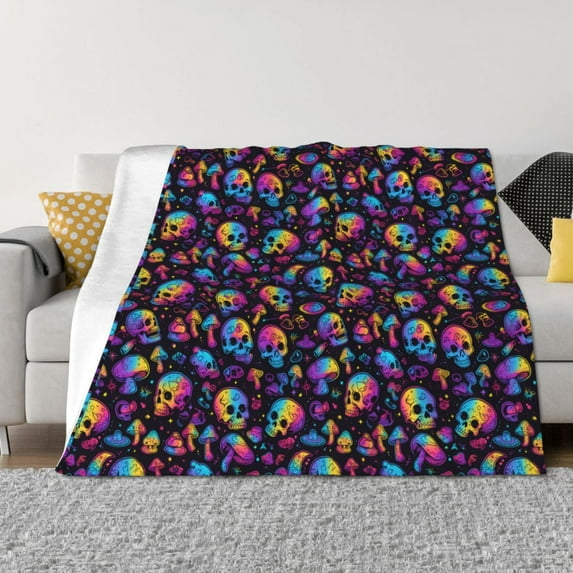 Rateoe rainbow color Skull mushroom Pattern Flannel Throw Blanket, Ultra-soft Blanket for Bed, Couch, Car, Hypoallergenic Anti-pilling blanket-50"x40"(Horizontal)