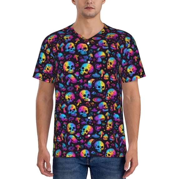 Rateoe rainbow color Skull mushroom Pattern Men’s Baseball Short Sleeve Polo Shirt, Midweight Men's Shirt Golf Shirt Polo Shirts Quick Dry Short-Large