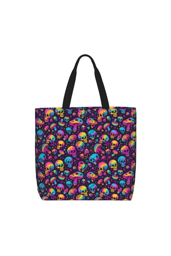 rainbow color mushroom Skull Print Lightweight Tote Bag for Women, Water-Resistant Shoulder Bag with Zipper, Spacious Casual Handbag for Work, School, Shopping