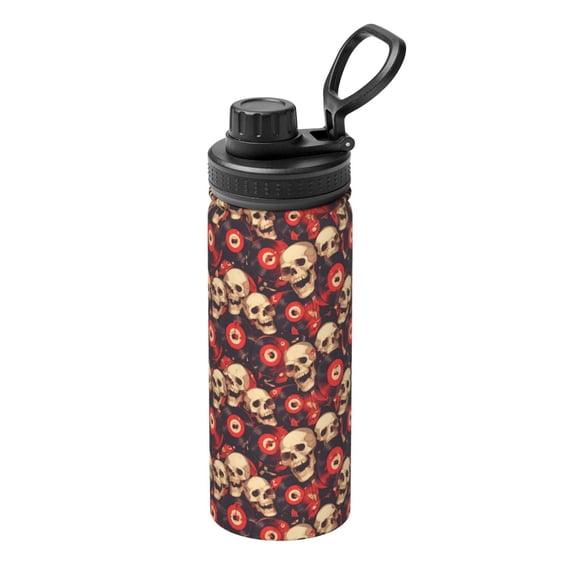 Rateoe record Skull rock Printed 18oz Sports Insulated Water Bottle, Double-Wall Stainless Steel Kettle with Leak-Proof Cap and Carry Loop, BPA-Free for Outdoor, Gym, Camping, and Travel