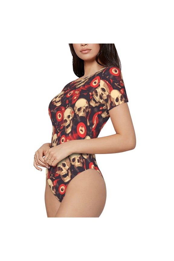record Skull rock Printed Women Rash Guard Short Sleeve,Tummy control Swimsuit Surfing Swimsuit Bathing Suit Short-sleeved Onesie UPF 50+