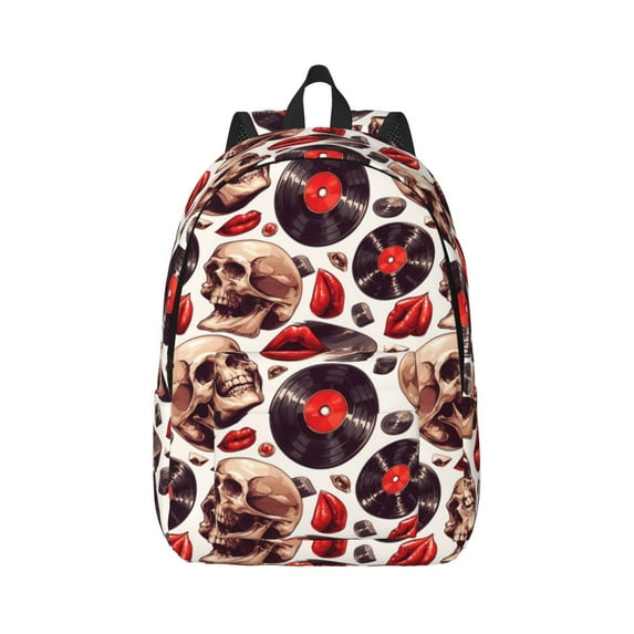 Rateoe record lips Skull Pattern Canvas College Laptop Backpack,Travel Daypack,Durable Rucksack Travel Notebook Bag School Backpack Book Bag for Men Women-Medium