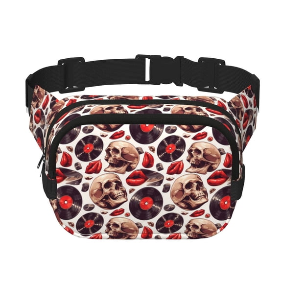 Rateoe record lips Skull Print Fanny Pack Belt Bag for Women and Men, Square Double-Layer Waterproof Waist Pack with Adjustable Strap for Hiking, Jogging, Cycling