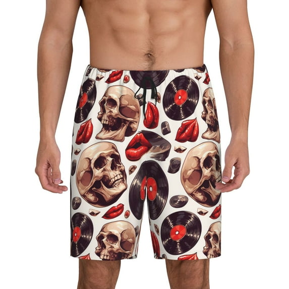 Rateoe record lips Skull Print Men's Lounge Shorts – Soft & Breathable Pajama Bottoms with Pockets, Elastic Waistband, Lightweight Sleepwear for Nightwear & Loungewear-4X-Large