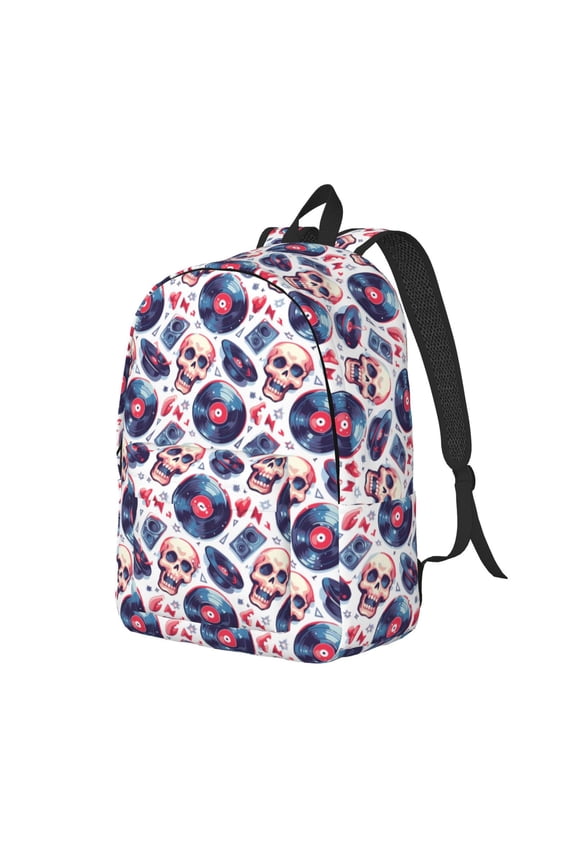 record rock music Skull Pattern Durable Canvas Backpack for Men & Women – Stylish & Lightweight – Adjustable Straps, Multiple Pockets – Fits 15-17 Inch LaptopsMedium