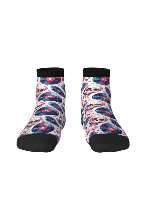 record rock music Skull Pattern Quarter Crew Socks,Toe Seamed Ankle Socks,Cotton Cushioned Breathable Athletic Crew Sports Socks