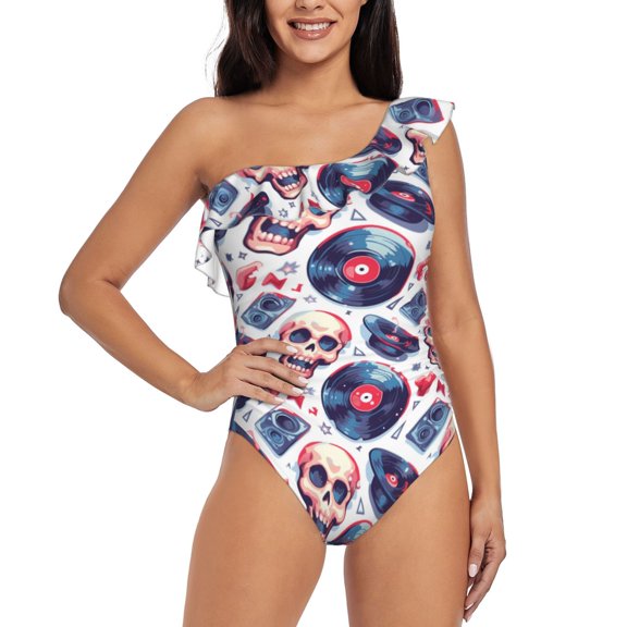 Rateoe record rock music Skull Pattern Women One Piece Swimsuits Tummy Control One Shoulder Bathing Suits Ruffle Swimwear-