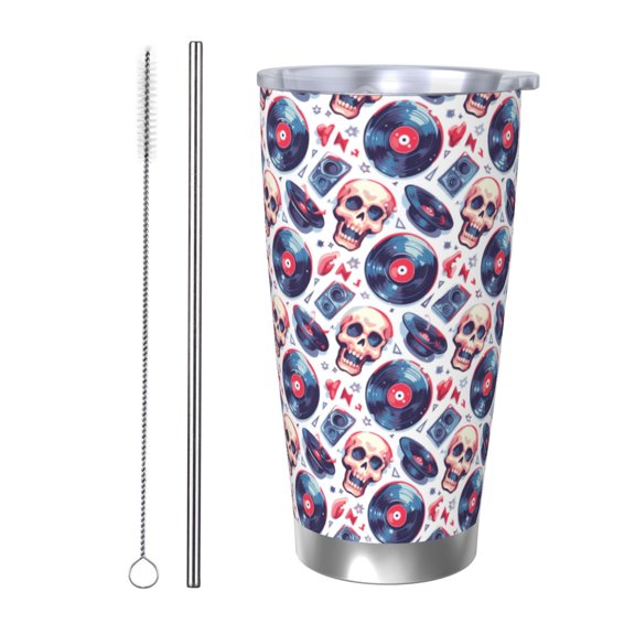 Rateoe record rock music Skull Printed Car Guy Gifts for Men Women Tumbler - 20oz/590ml Double Wall Vacuum Insulated Stainless Steel Travel Tumbler Cups with Lid & Straw-Straw Two-piece Set