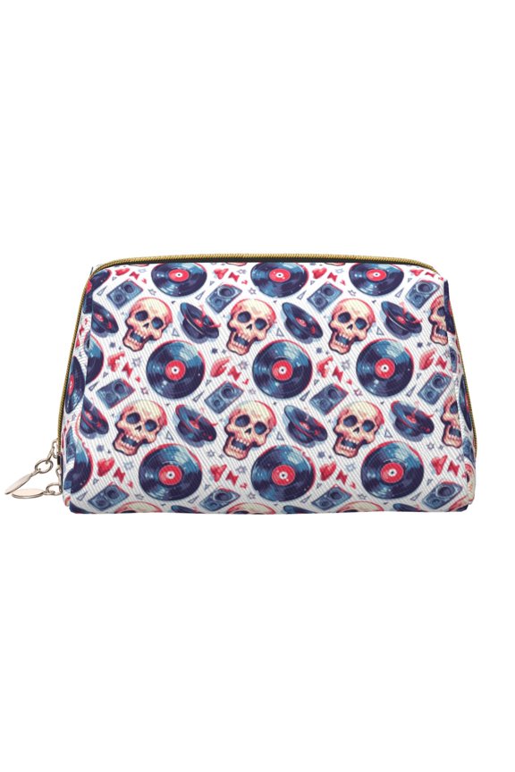 record rock music Skull for Travel Makeup Bag,Large Capacity Cosmetic Bags for Women,Waterproof Portable Pouch Open Flat Toiletry Bag Make up Organizer