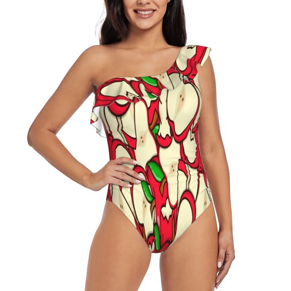 Rateoe red Fruit Pattern Women One Piece Swimsuits Tummy Control One Shoulder Bathing Suits Ruffle Swimwear-