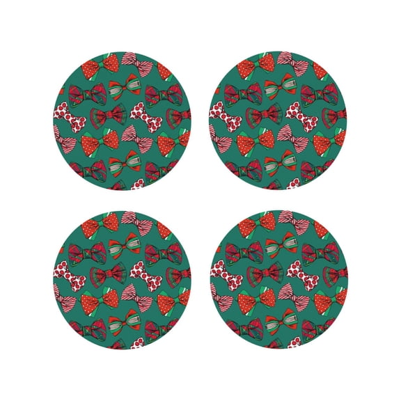 Rateoe red and green bow tie Printed Drink Coasters Set of 4 Leather Coasters Spill Protection for Table Desk,Durable and Non Slip Leather Coaster ,4 Inches Drink Mats-Round Shape