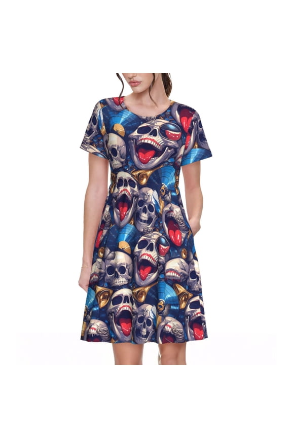 rock Skull blue record Pattern Women’s Short Sleeve Dress – Casual Elegant Summer A-Line Dress for Everyday Wear