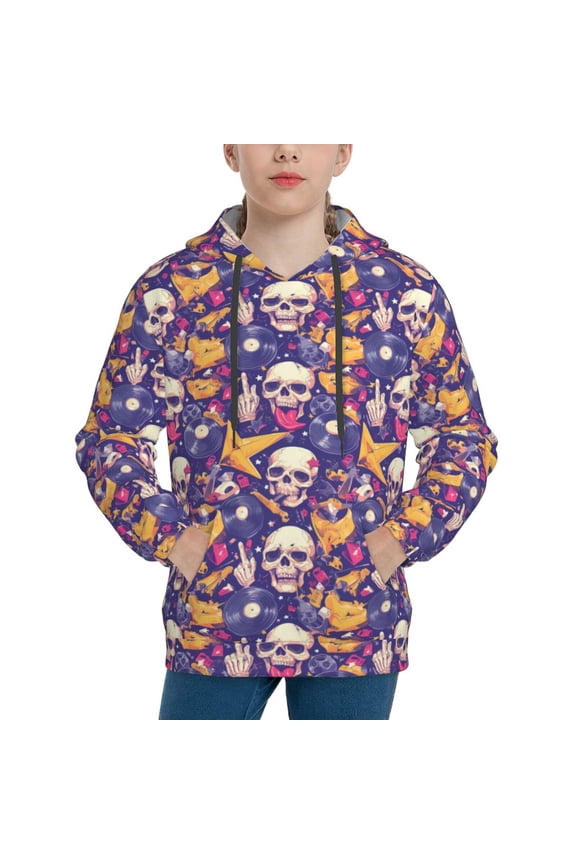 rock Skull record Pattern Boys Hoodie, Youth Pullover Hooded Sweatshirt, Kangaroo Pocket Hoodie for Kids-Medium