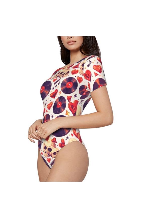 rock Skull record heart Printed Women Rash Guard Short Sleeve,Tummy control Swimsuit Surfing Swimsuit Bathing Suit Short-sleeved Onesie UPF 50+