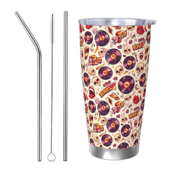 Rateoe rock music Skull record Printed Car Guy Gifts for Men Women Tumbler - 20oz/590ml Double Wall Vacuum Insulated Stainless Steel Travel Tumbler Cups with Lid & Straw-Straw Three-piece Set