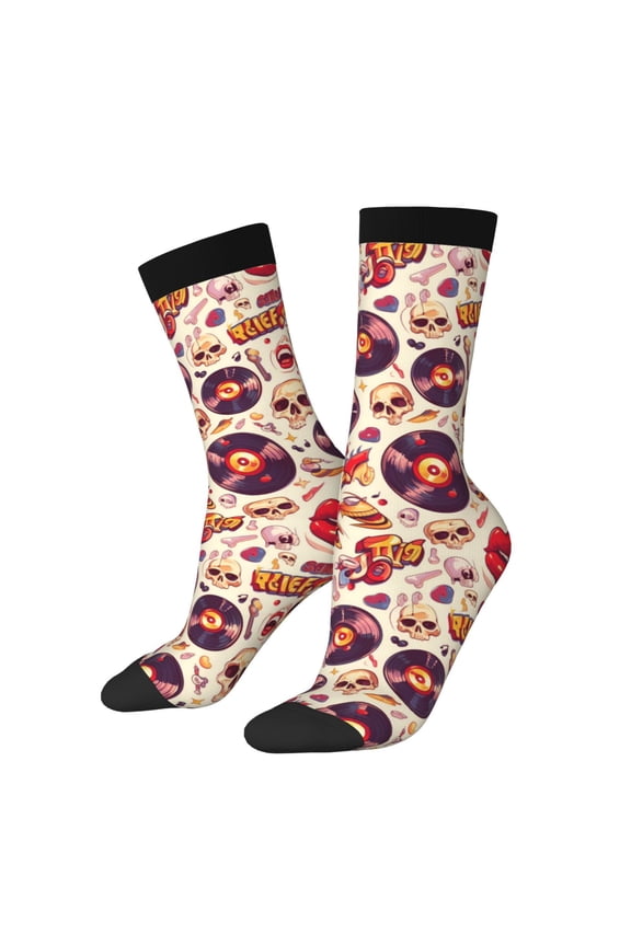 rock music Skull record for Women Casual Calf Socks - Cute Crew Socks - Thin Soft Above Ankle Socks Size 5-11