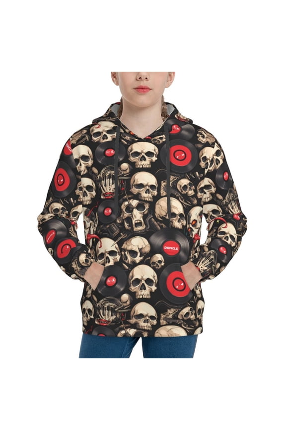 rock record Skull Pattern Boys Hoodie, Youth Pullover Hooded Sweatshirt, Kangaroo Pocket Hoodie for Kids-Medium