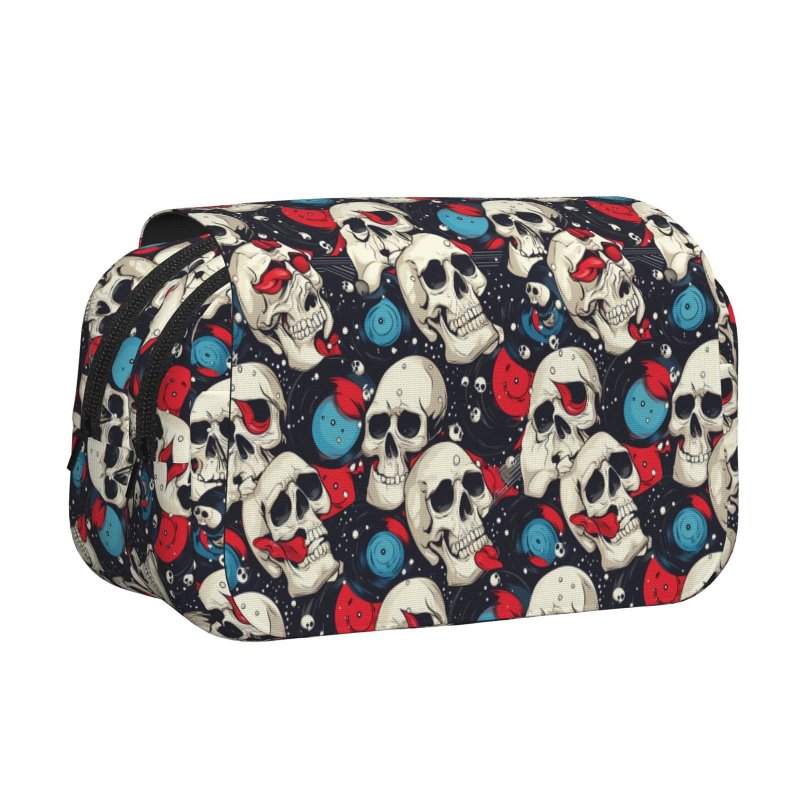 Rateoe rock record Skull artist Pattern Double Clamshell Pen Case, Storage Organizer with Two Zipper Compartments– Holds Up to 50 Pencils & Pens