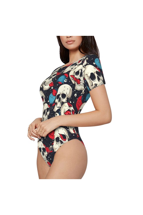 rock record Skull artist Printed Women Rash Guard Short Sleeve,Tummy control Swimsuit Surfing Swimsuit Bathing Suit Short-sleeved Onesie UPF 50+