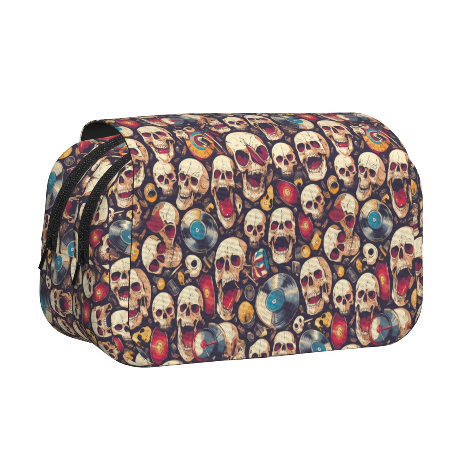 Rateoe rock record music Skull Pattern Double Clamshell Pen Case, Storage Organizer with Two Zipper Compartments– Holds Up to 50 Pencils & Pens