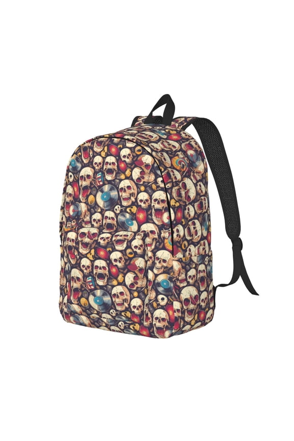 rock record music Skull Pattern Durable Canvas Backpack for Men & Women – Stylish & Lightweight – Adjustable Straps, Multiple Pockets – Fits 15-17 Inch LaptopsMedium