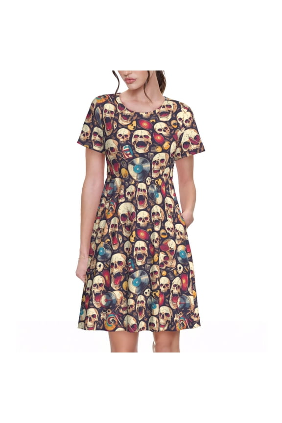 rock record music Skull Pattern Women’s Short Sleeve Dress – Casual Elegant Summer A-Line Dress for Everyday Wear