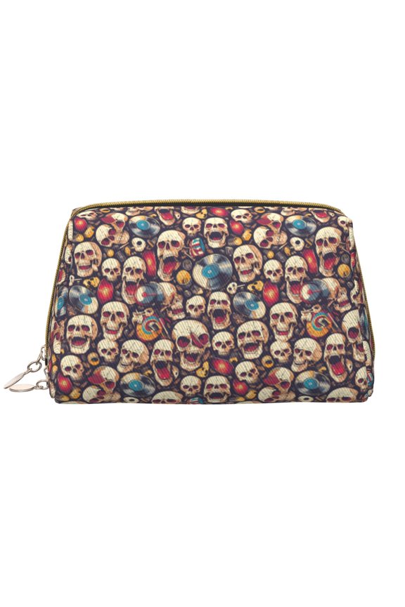 rock record music Skull for Travel Makeup Bag,Large Capacity Cosmetic Bags for Women,Waterproof Portable Pouch Open Flat Toiletry Bag Make up Organizer