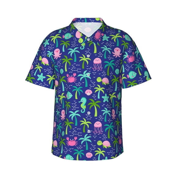 Rateoe sea animals with palm tree Pattern Men’s Hawaiian Shirt – Short Sleeve Button-Down Tropical Beach Shirt, Lightweight & Breathable Casual Aloha Shirt with Pocket,